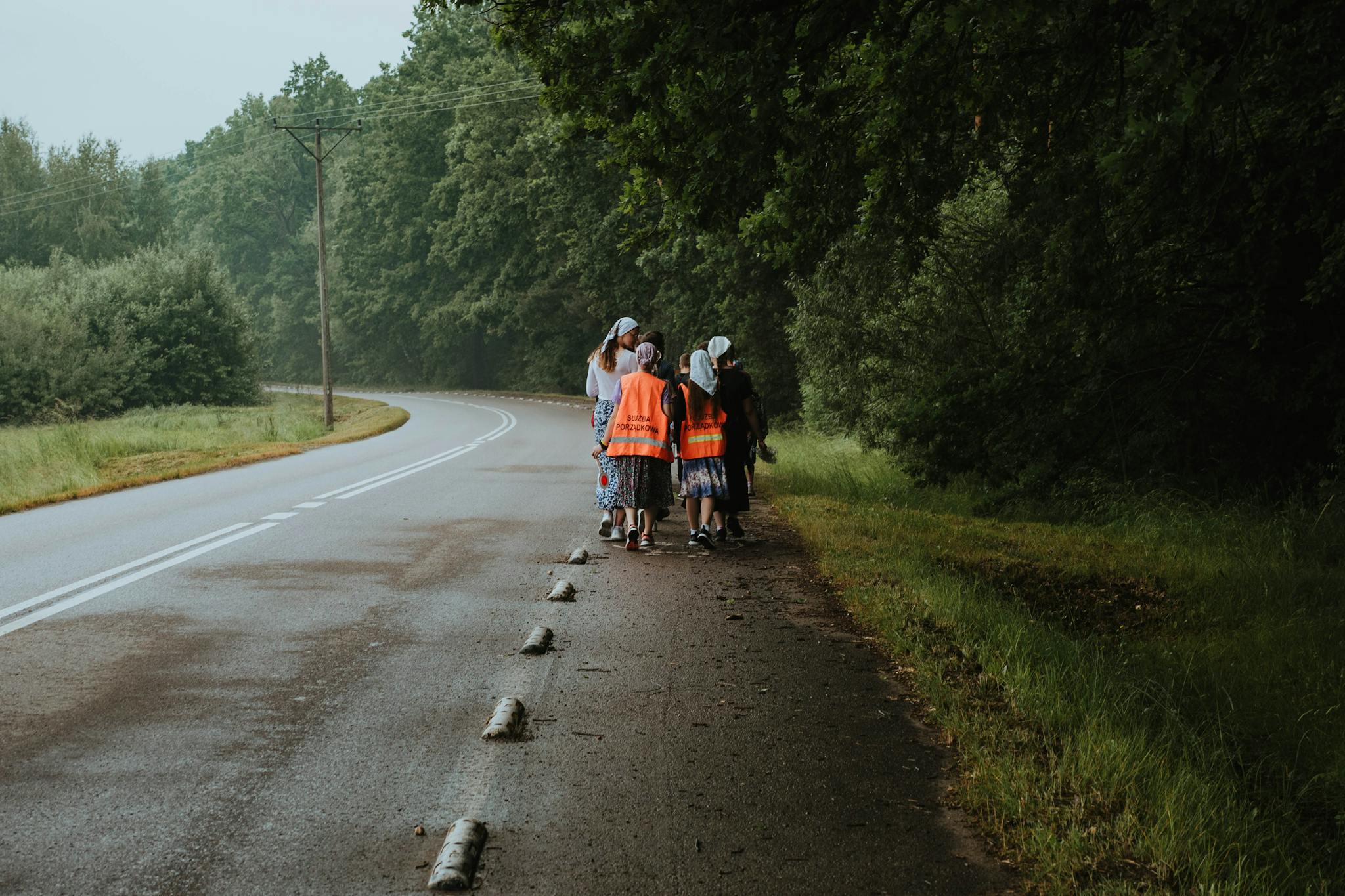 A group of people in reflective vests walking along a misty forest road.